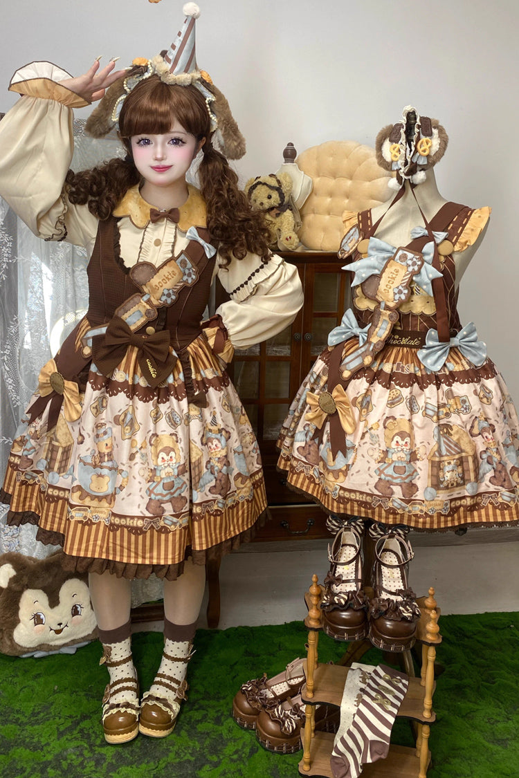 Sweet Lolita JSK - Bear Cookies, 2 Colors, Bow Detail, Ruffled, Printed - additional product view 5