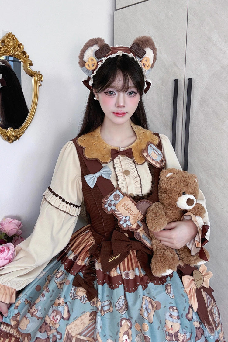 Sweet Lolita JSK - Bear Cookies, 2 Colors, Bow Detail, Ruffled, Printed - additional product view 6