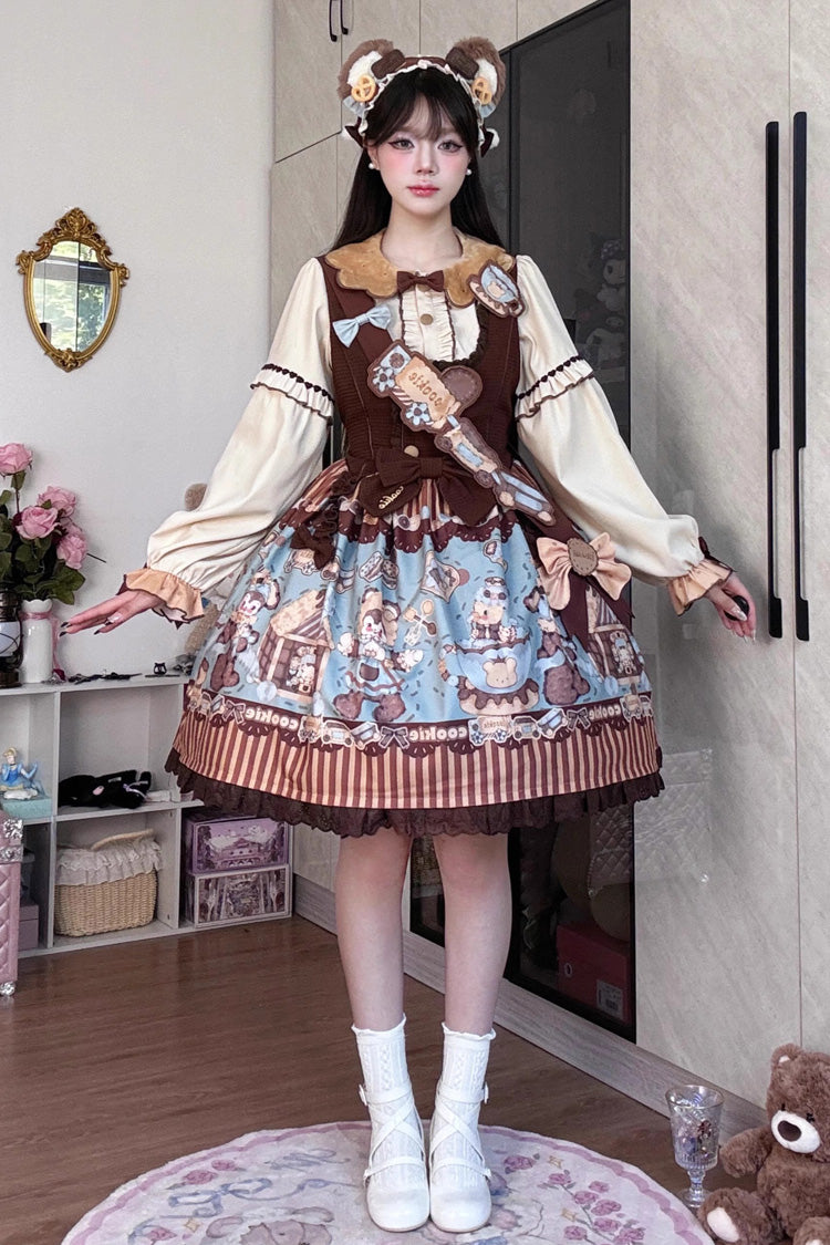 Sweet Lolita JSK - Bear Cookies, 2 Colors, Bow Detail, Ruffled, Printed - main product image