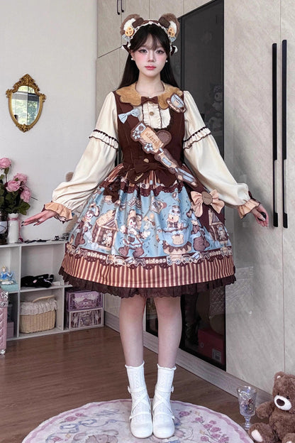 Sweet Lolita JSK - Bear Cookies, 2 Colors, Bow Detail, Ruffled, Printed - main product image
