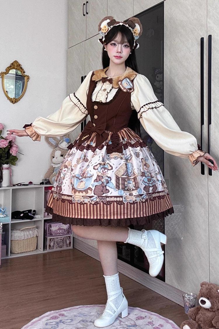 Sweet Lolita JSK - Bear Cookies, 2 Colors, Bow Detail, Ruffled, Printed - S Brown/Beige / M Brown/Beige / L Brown/Beige option