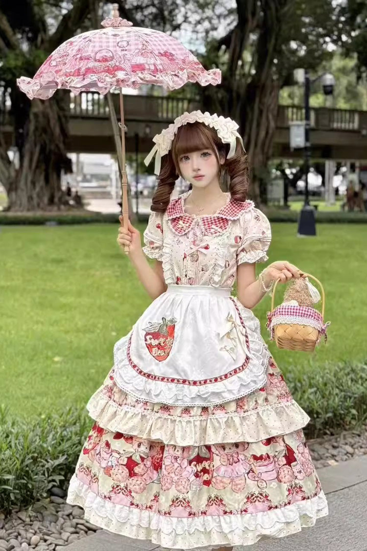 Sweet Lolita JSK - Bear Strawberry Ode, Ivory, Layered, Bow Detail, Ruffled - additional product view 2