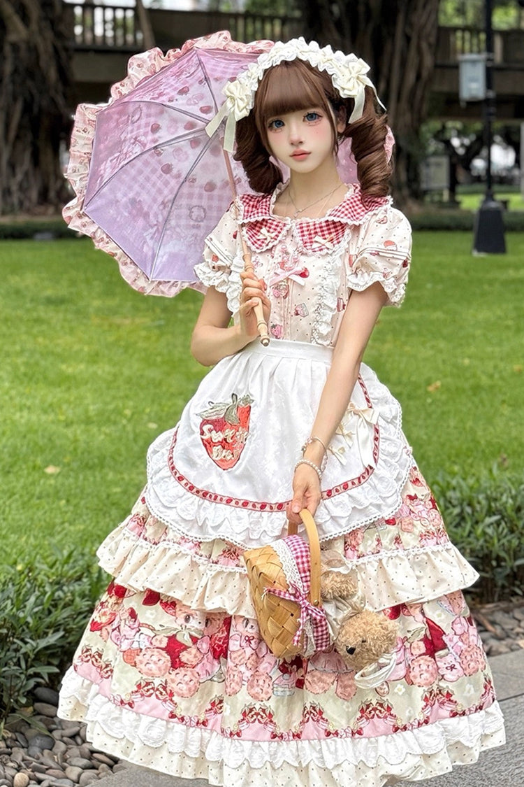 Sweet Lolita JSK - Bear Strawberry Ode, Ivory, Layered, Bow Detail, Ruffled - additional product view 3