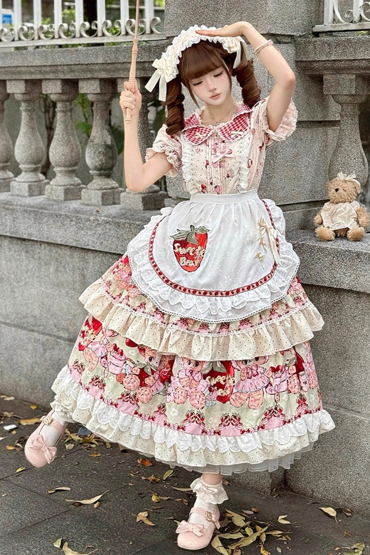 Sweet Lolita JSK - Bear Strawberry Ode, Ivory, Layered, Bow Detail, Ruffled - additional product view 4
