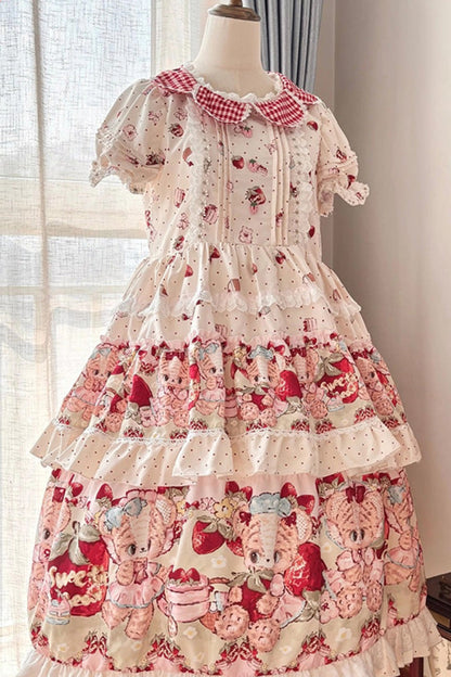 Sweet Lolita JSK - Bear Strawberry Ode, Ivory, Layered, Bow Detail, Ruffled - additional product view 5