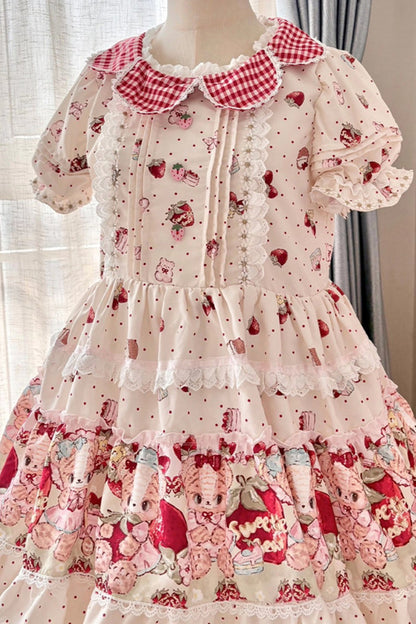 Sweet Lolita JSK - Bear Strawberry Ode, Ivory, Layered, Bow Detail, Ruffled - additional product view 6