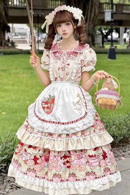 Sweet Lolita JSK - Bear Strawberry Ode, Ivory, Layered, Bow Detail, Ruffled - additional product view 7