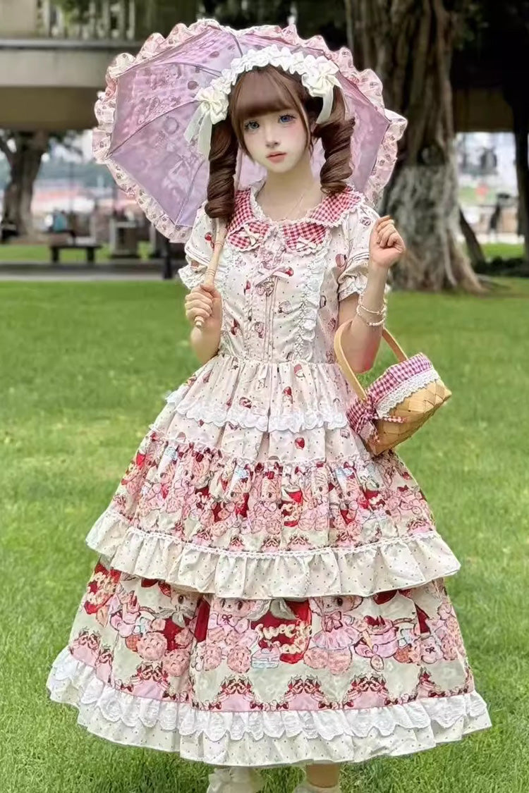 Sweet Lolita JSK - Bear Strawberry Ode, Ivory, Layered, Bow Detail, Ruffled - main product image