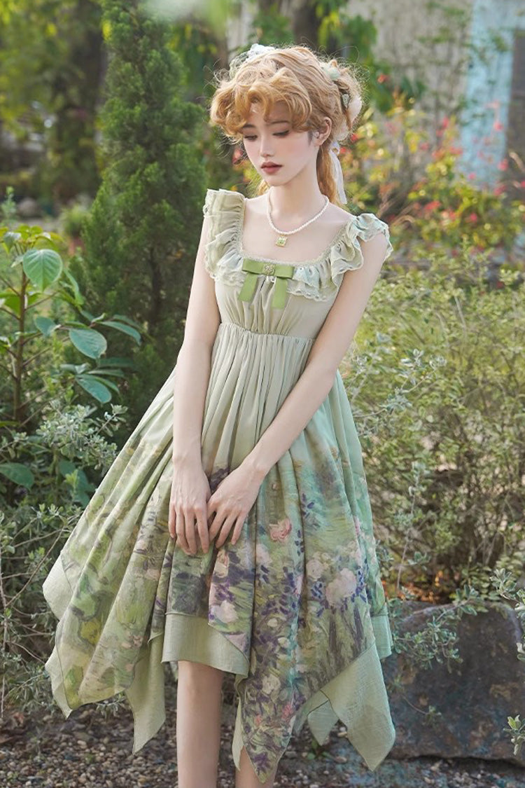 Sweet Lolita JSK - Blooming Roses, Green, Printed, Bow Detail, Ruffled - additional product view 2