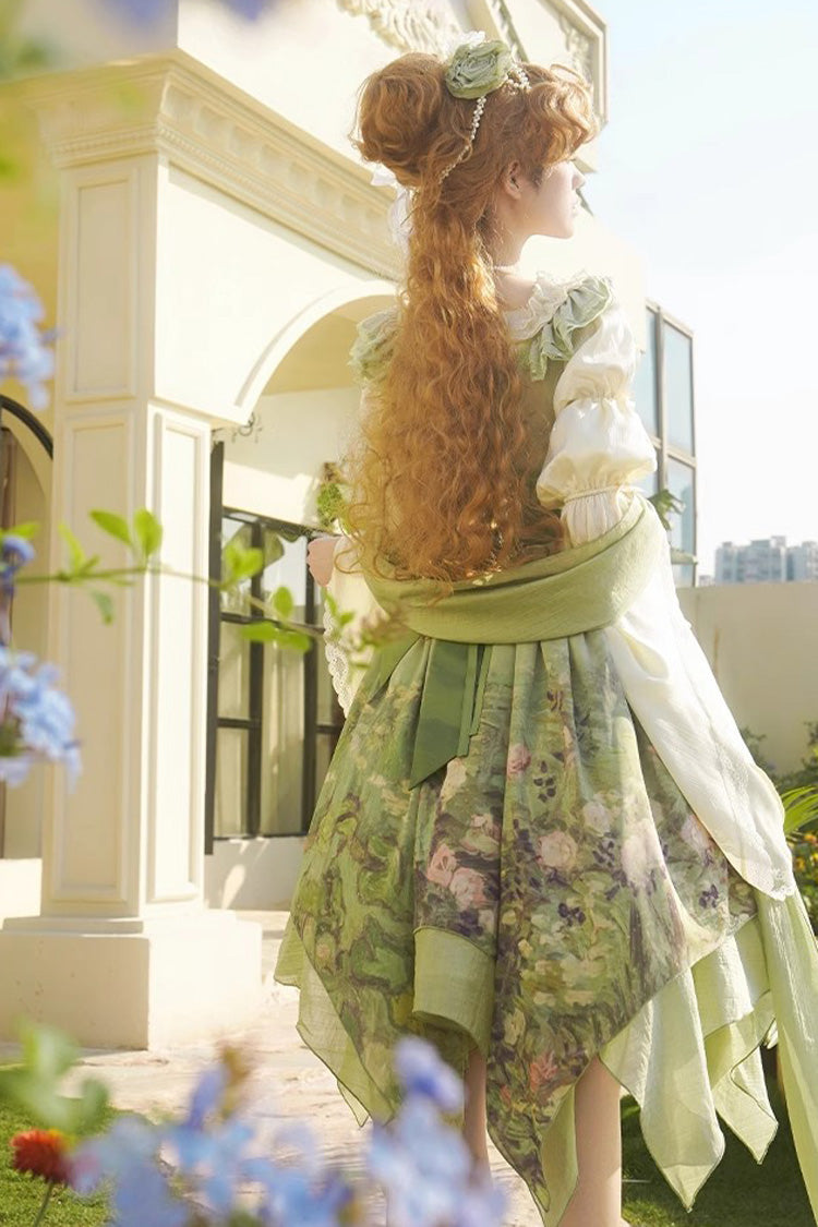 Sweet Lolita JSK - Blooming Roses, Green, Printed, Bow Detail, Ruffled - additional product view 4
