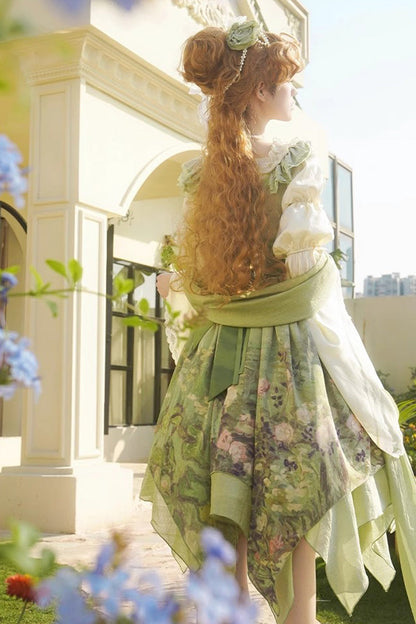 Sweet Lolita JSK - Blooming Roses, Green, Printed, Bow Detail, Ruffled - additional product view 4