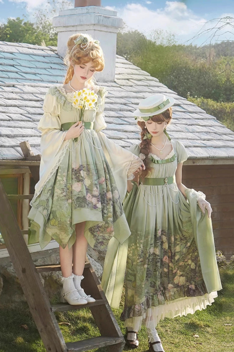 Sweet Lolita JSK - Blooming Roses, Green, Printed, Bow Detail, Ruffled - additional product view 5