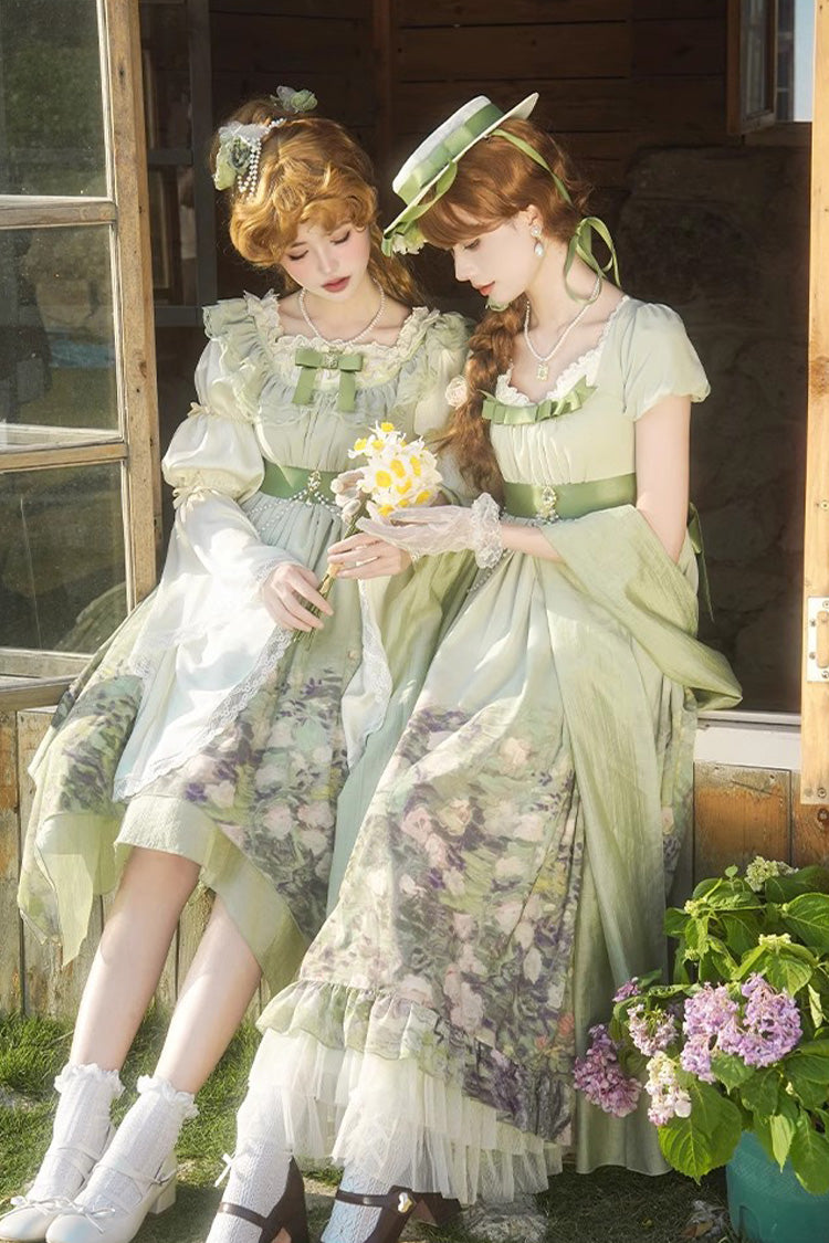 Sweet Lolita JSK - Blooming Roses, Green, Printed, Bow Detail, Ruffled - additional product view 6