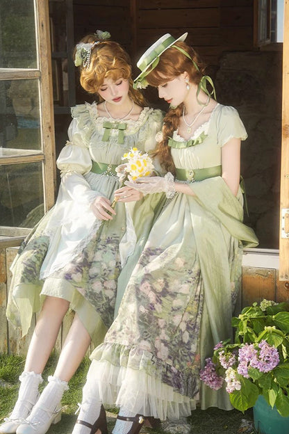 Sweet Lolita JSK - Blooming Roses, Green, Printed, Bow Detail, Ruffled - additional product view 6