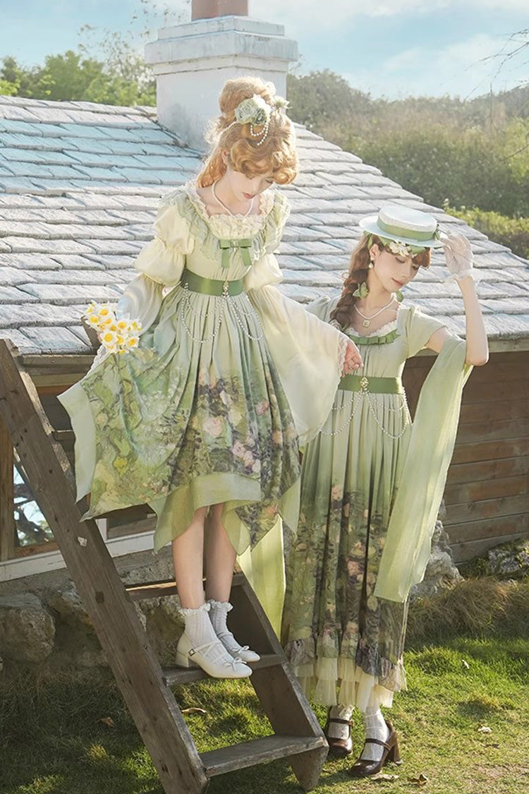Sweet Lolita JSK - Blooming Roses, Green, Printed, Bow Detail, Ruffled - additional product view 7
