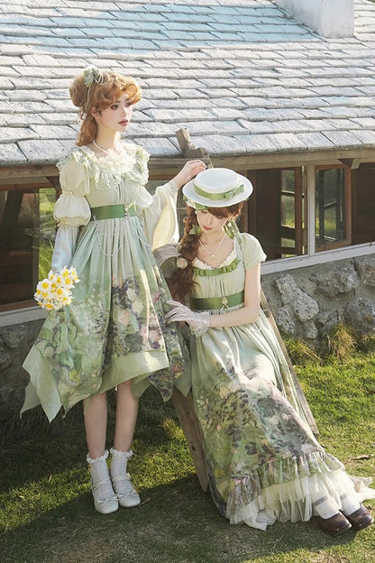 Sweet Lolita JSK - Blooming Roses, Green, Printed, Bow Detail, Ruffled - additional product view 9