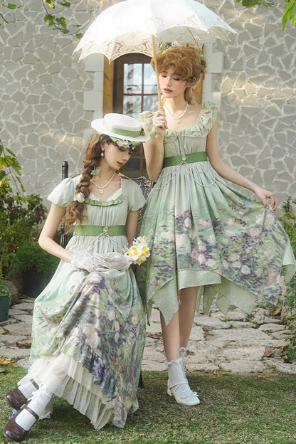 Sweet Lolita JSK - Blooming Roses, Green, Printed, Bow Detail, Ruffled - additional product view 10