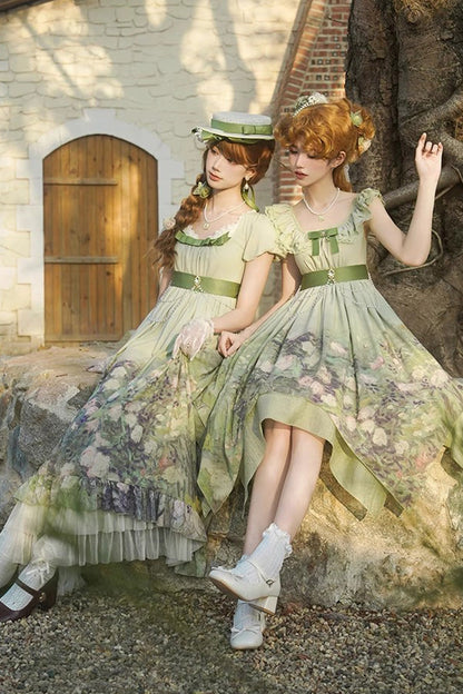 Sweet Lolita JSK - Blooming Roses, Green, Printed, Bow Detail, Ruffled - additional product view 12