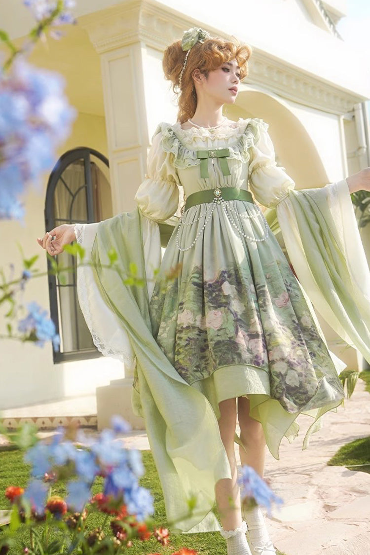 Sweet Lolita JSK - Blooming Roses, Green, Printed, Bow Detail, Ruffled - additional product view 13