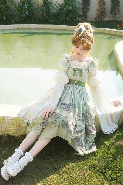 Sweet Lolita JSK - Blooming Roses, Green, Printed, Bow Detail, Ruffled - additional product view 14