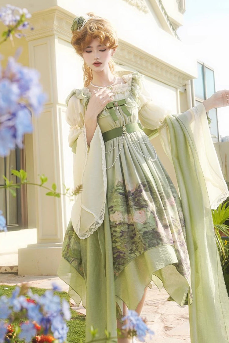 Sweet Lolita JSK - Blooming Roses, Green, Printed, Bow Detail, Ruffled - main product image