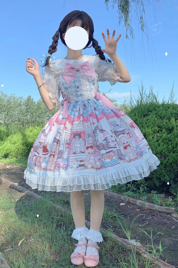 Sweet Lolita JSK - Blue/pink Plush Bear And Doll, 2 Colors, Printed, Bow Detail, Lace Trim - additional product view 2