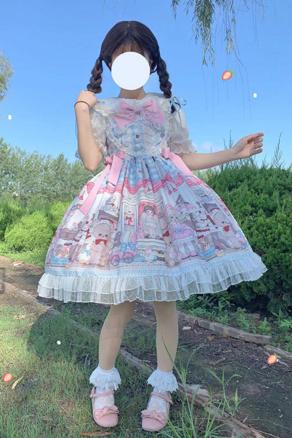 Sweet Lolita JSK - Blue/pink Plush Bear And Doll, 2 Colors, Printed, Bow Detail, Lace Trim - additional product view 3