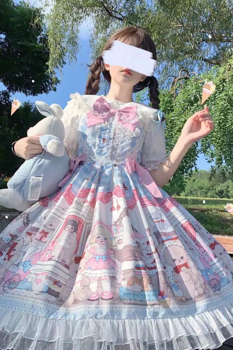 Sweet Lolita JSK - Blue/pink Plush Bear And Doll, 2 Colors, Printed, Bow Detail, Lace Trim - additional product view 4