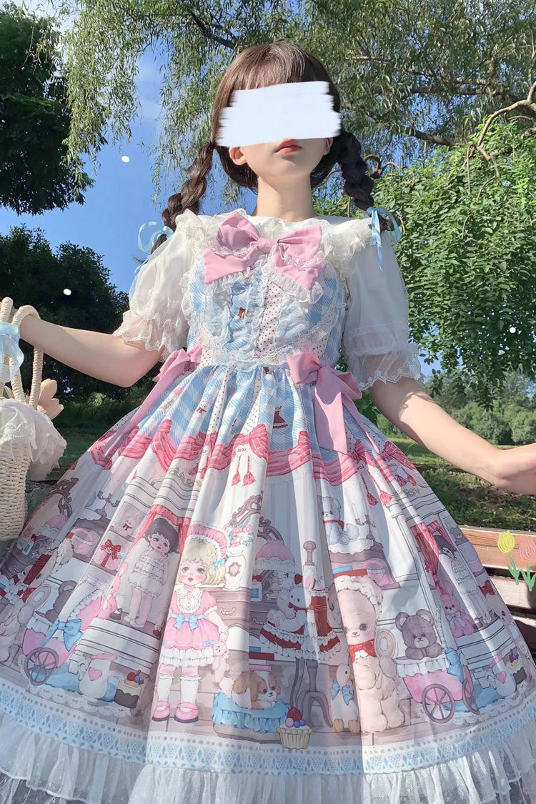 Sweet Lolita JSK - Blue/pink Plush Bear And Doll, 2 Colors, Printed, Bow Detail, Lace Trim - additional product view 5