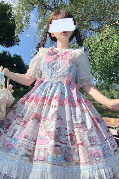 Sweet Lolita JSK - Blue/pink Plush Bear And Doll, 2 Colors, Printed, Bow Detail, Lace Trim - additional product view 5