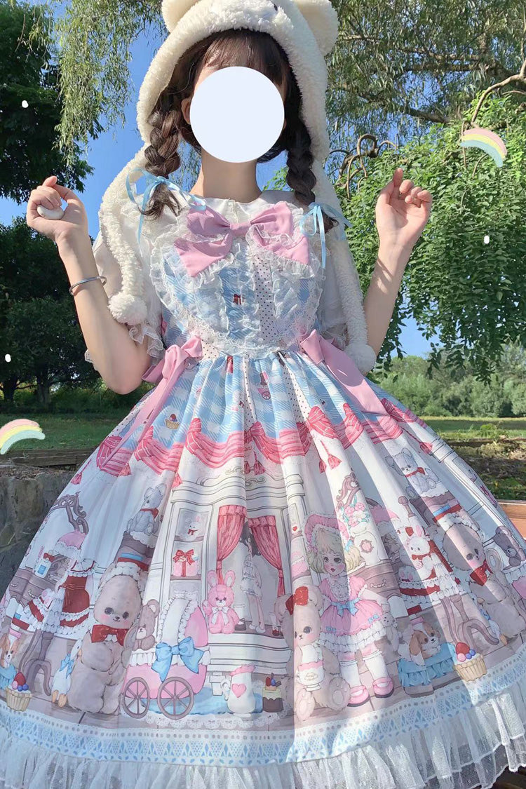 Sweet Lolita JSK - Blue/pink Plush Bear And Doll, 2 Colors, Printed, Bow Detail, Lace Trim - additional product view 6