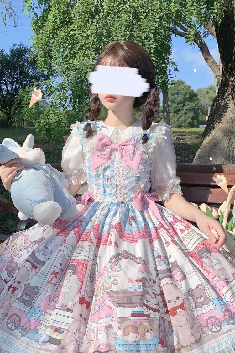 Sweet Lolita JSK - Blue/pink Plush Bear And Doll, 2 Colors, Printed, Bow Detail, Lace Trim - additional product view 7