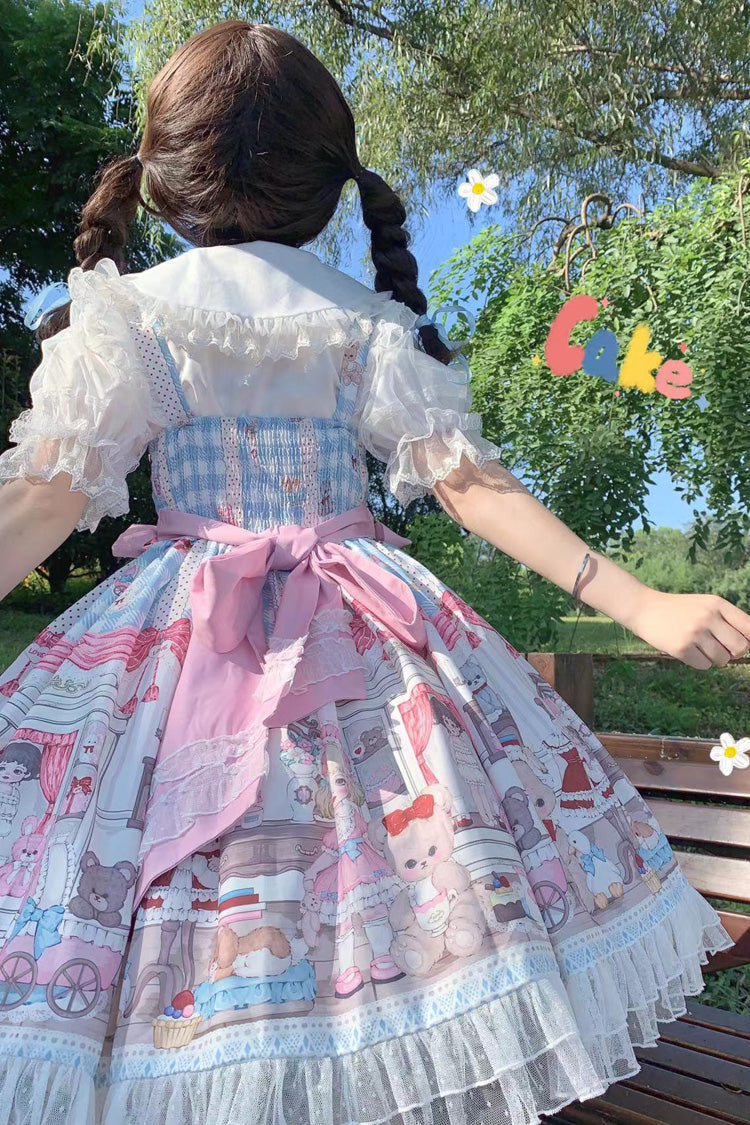 Sweet Lolita JSK - Blue/pink Plush Bear And Doll, 2 Colors, Printed, Bow Detail, Lace Trim - additional product view 8