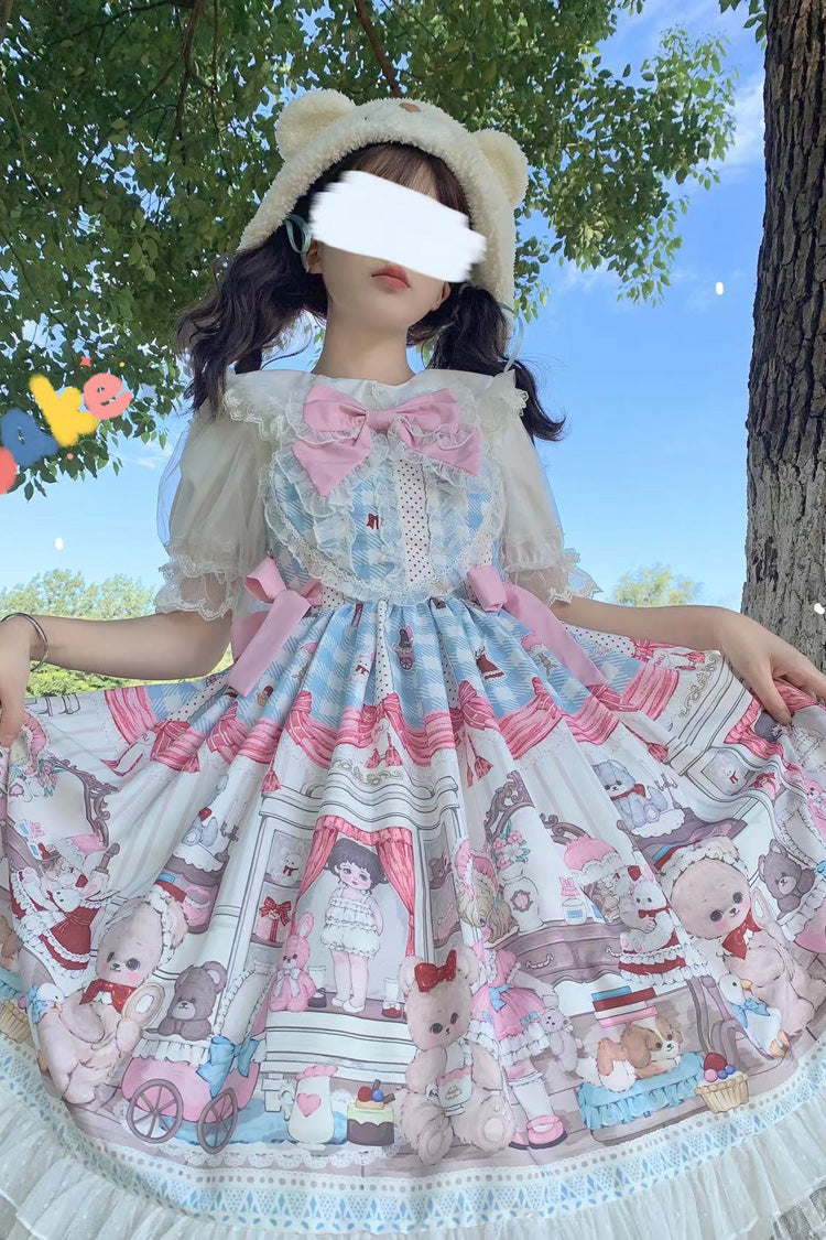 Sweet Lolita JSK - Blue/pink Plush Bear And Doll, 2 Colors, Printed, Bow Detail, Lace Trim - additional product view 9