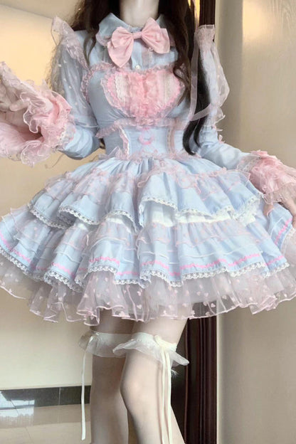 Sweet Lolita JSK - Blue/pink Pray Multi-layered, 2 Colors, Lace Trim, Ruffled - additional product view 3
