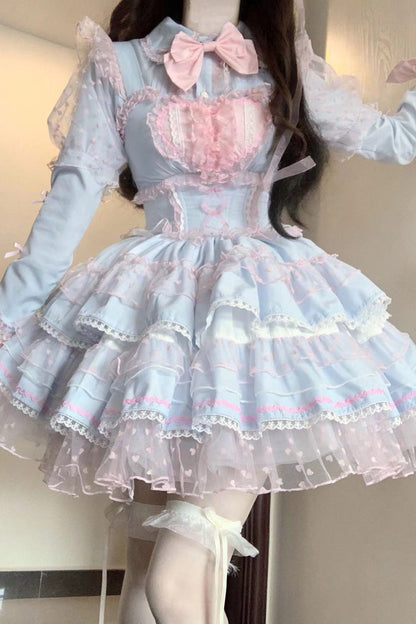 Sweet Lolita JSK - Blue/pink Pray Multi-layered, 2 Colors, Lace Trim, Ruffled - additional product view 4