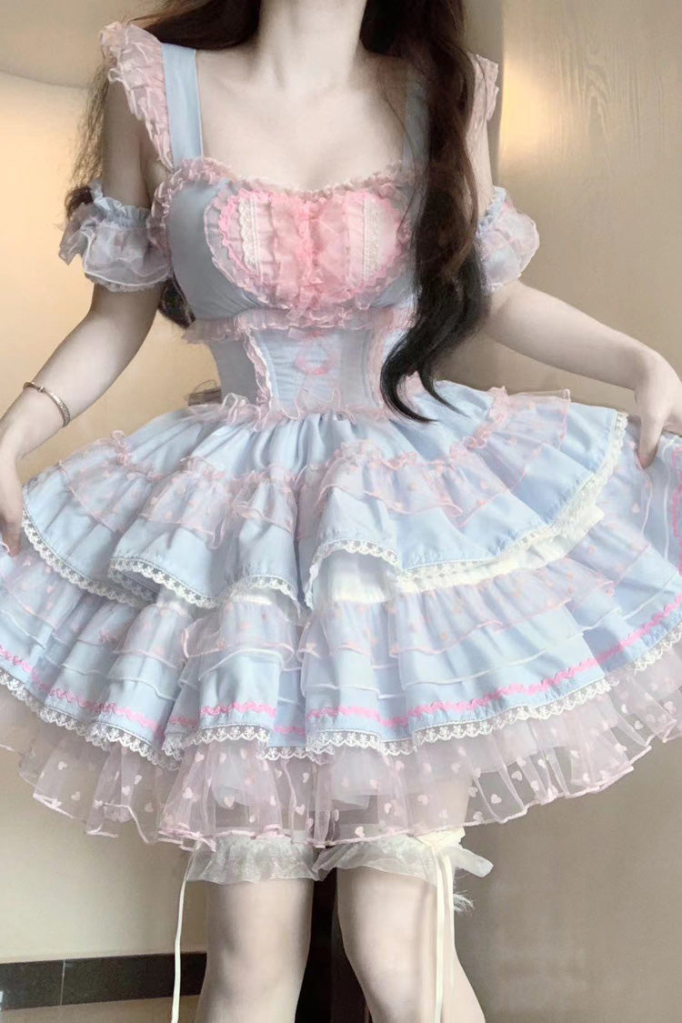 Sweet Lolita JSK - Blue/pink Pray Multi-layered, 2 Colors, Lace Trim, Ruffled - additional product view 5