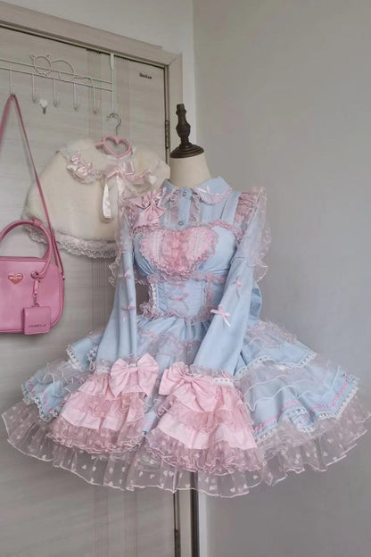 Sweet Lolita JSK - Blue/pink Pray Multi-layered, 2 Colors, Lace Trim, Ruffled - main product image