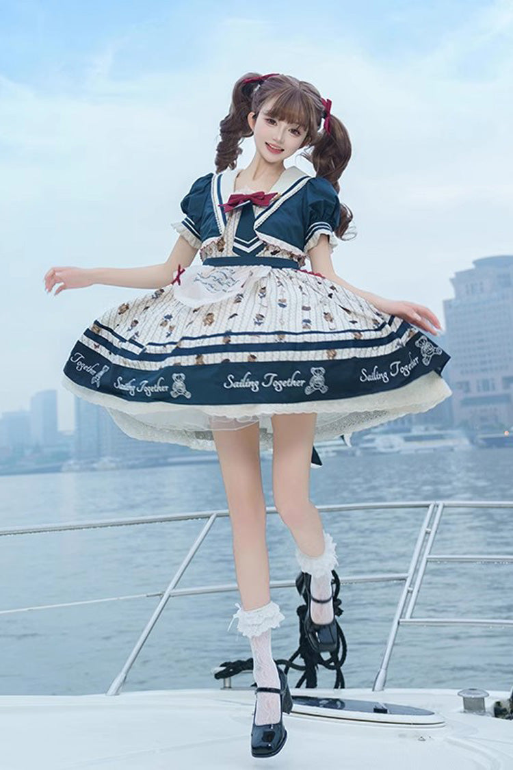 Sweet Lolita JSK - Blue/white Bear Print Navy, 2 Colors, Ruffled, Printed, Bow Detail - additional product view 2