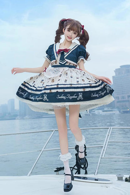 Sweet Lolita JSK - Blue/white Bear Print Navy, 2 Colors, Ruffled, Printed, Bow Detail - additional product view 2