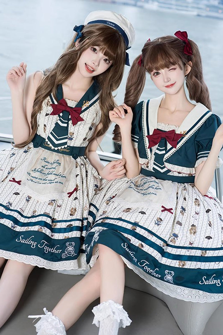 Sweet Lolita JSK - Blue/white Bear Print Navy, 2 Colors, Ruffled, Printed, Bow Detail - additional product view 3