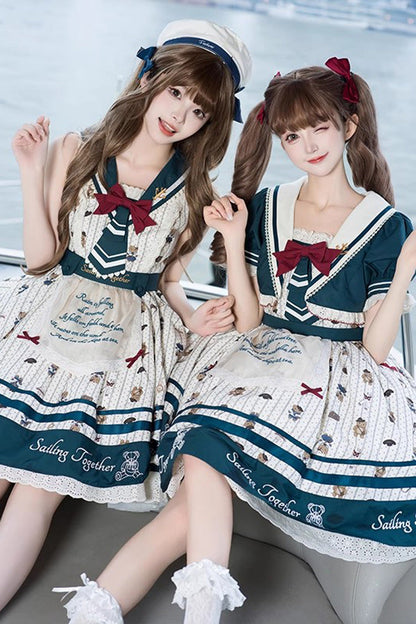 Sweet Lolita JSK - Blue/white Bear Print Navy, 2 Colors, Ruffled, Printed, Bow Detail - additional product view 3