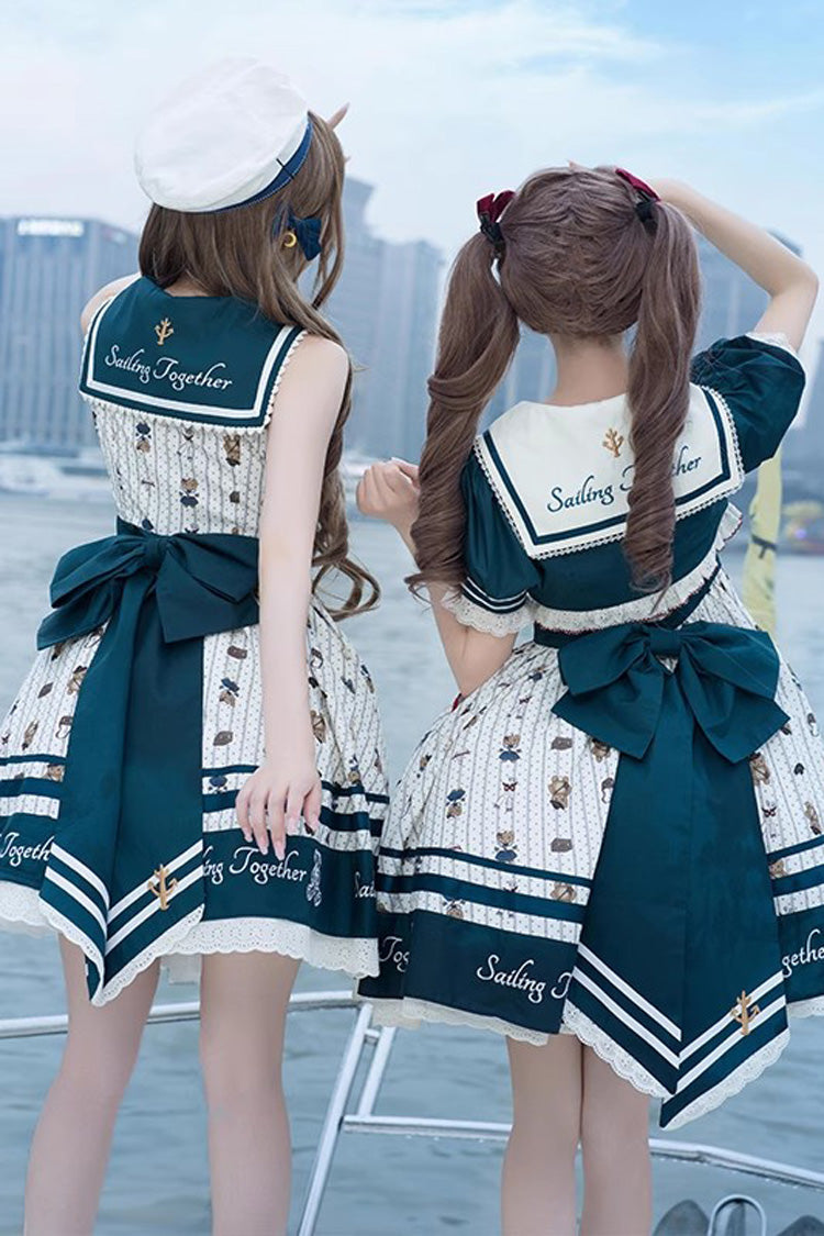 Sweet Lolita JSK - Blue/white Bear Print Navy, 2 Colors, Ruffled, Printed, Bow Detail - additional product view 4