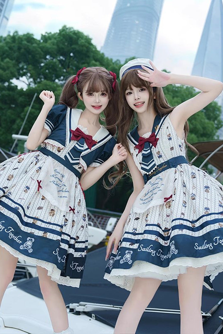 Sweet Lolita JSK - Blue/white Bear Print Navy, 2 Colors, Ruffled, Printed, Bow Detail - additional product view 5