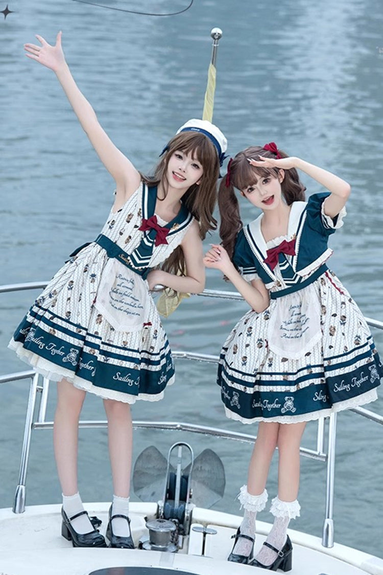 Sweet Lolita JSK - Blue/white Bear Print Navy, 2 Colors, Ruffled, Printed, Bow Detail - additional product view 7