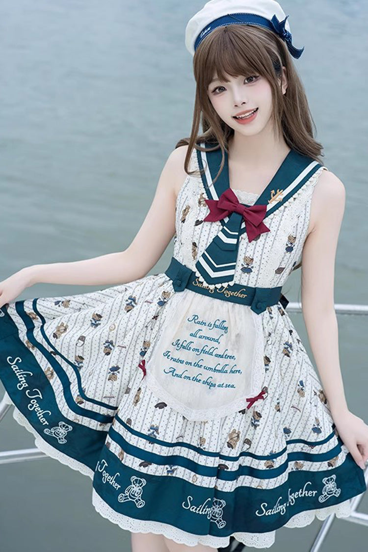 Sweet Lolita JSK - Blue/white Bear Print Navy, 2 Colors, Ruffled, Printed, Bow Detail - main product image