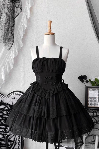 Sweet Lolita JSK - Bowknot Hollow Tiered Colors, 2 Colors, Layered, Gothic Style - additional product view 3