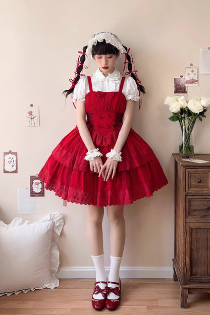 Sweet Lolita JSK - Bowknot Hollow Tiered Colors, 2 Colors, Layered, Gothic Style - S Red / M Red / L Red option