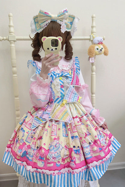 Sweet Lolita JSK - Bunny Pastry Chef, 3 Colors, Bow Detail, Printed, Gothic Style - S Blue/Yellow / M Blue/Yellow / L Blue/Yellow option