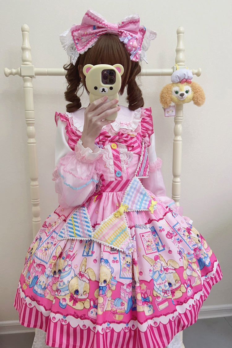 Sweet Lolita JSK - Bunny Pastry Chef, 3 Colors, Bow Detail, Printed, Gothic Style - S Pink / M Pink / L Pink option